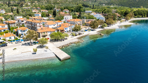 Aerial Drone View of Paralia Sergoulas on the Gulf of Corinth, Delphi Riviera, in Spring