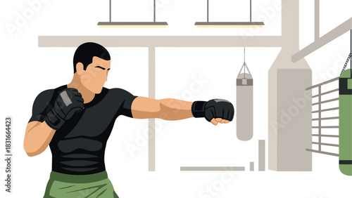 Fighter in training throwing punch in gym with boxing gloves and punching bags for fitness and strength concept