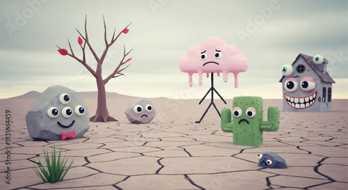 Whimsical Claymation Characters in a Dry, Cracked Landscape