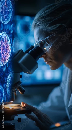 Scientist examining virus structure through high-tech microscope, glowing screen reflections on face