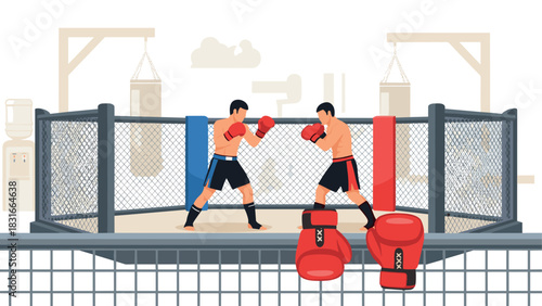 Intense boxing match in arena with opponents fighting in ring for fitness and training concept