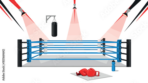 Boxing ring with equipment and spotlight for training or competition design