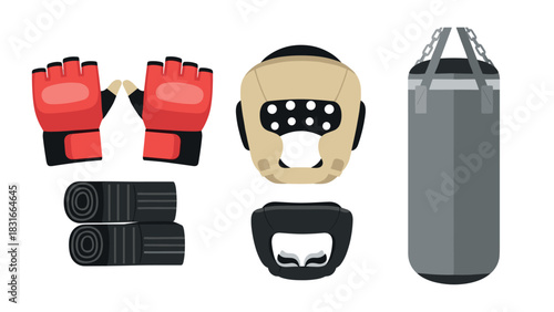 Martial arts equipment illustration featuring gloves, headgear, and punching bag for training and fitness design