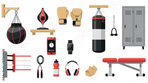 Boxing equipment and gym essentials for training and fitness design