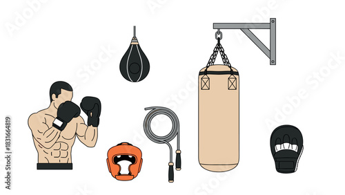 Boxing training elements with fighter in gloves and punching bag for athletic design
