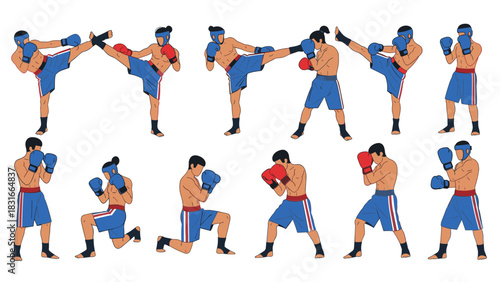 Muay thai fighters in various action poses for martial arts training and sports design