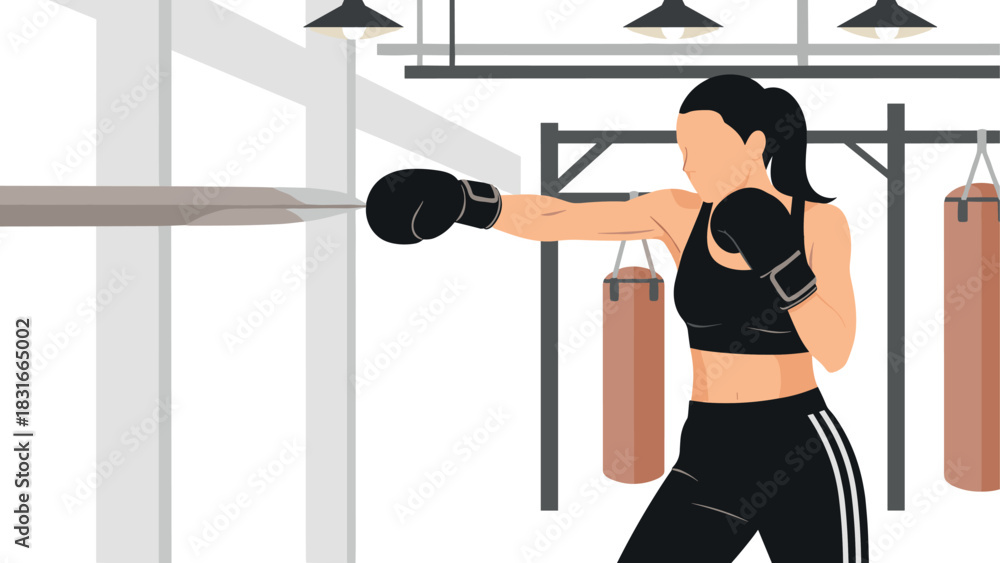 Fototapeta premium Female boxer training in gym with punching bag for fitness and strength building