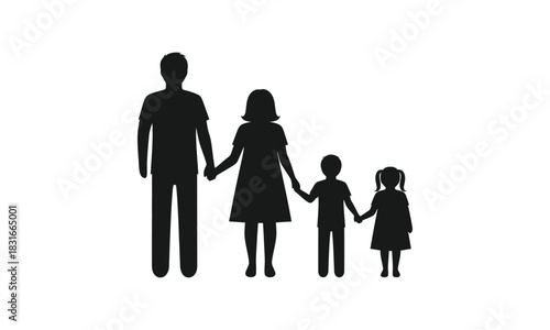 Silhouette of a family of four holding hands, parents and two children.