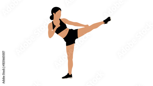 Woman practicing kickboxing in athletic wear with high kick pose for fitness and training design
