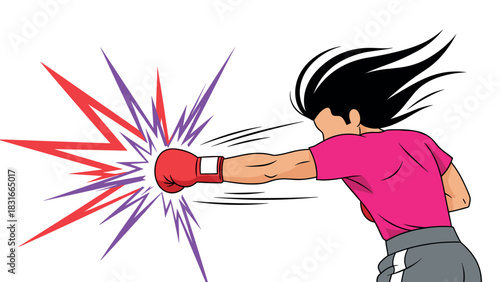 Powerful female boxer punching with energy and speed in dynamic illustration for sports and fitness design