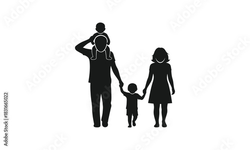 Silhouette of a family of four walking together, father carrying child on shoulders.