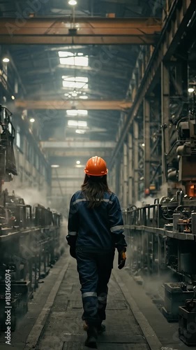Cinematic Factory Worker Walks Through Industrial Production Line