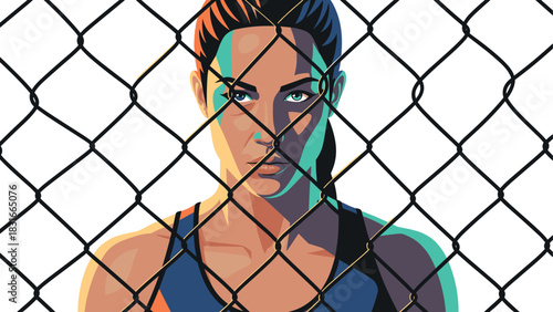 Strong woman behind chain link fence in abstract vector art design for inspiration and empowerment