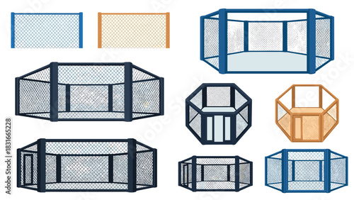 Variety of cage designs for sports and security with wire mesh panels in different geometric shapes for versatile applications