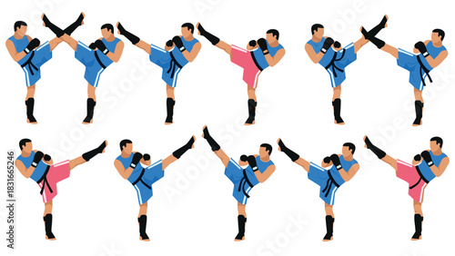 Martial arts training sequence with muay thai fighters kicking for athletic and fitness design