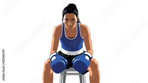 Female boxer resting in corner, sport motivation and resilience illustration