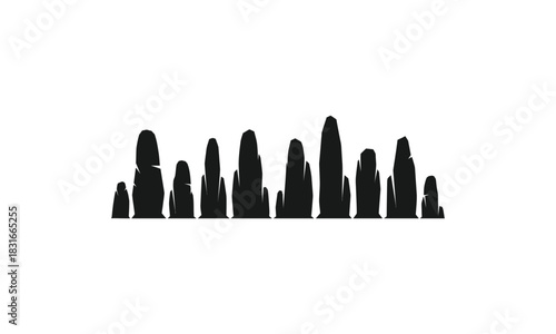 Silhouette of standing stones, a prehistoric monument, against a white background.