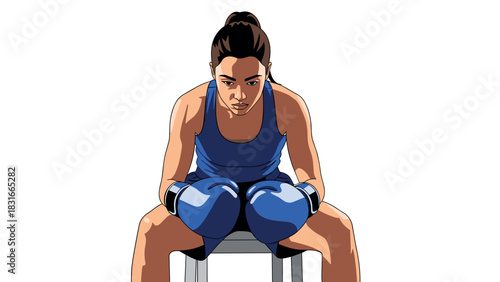 Focused female boxer in blue gear on stool, ready for the match