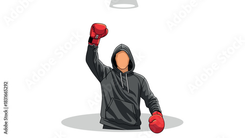 Victory celebration in boxing - unrecognizable boxer raising fist in red gloves and hoodie