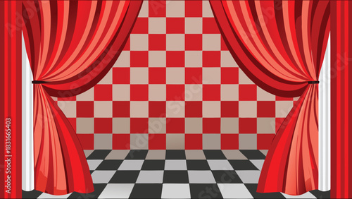 Red curtain draped against a plain white background, creating a striking contrast in color and texture..eps