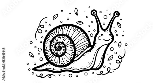 A whimsical black and white illustration of a smiling snail surrounded by leaves and swirls