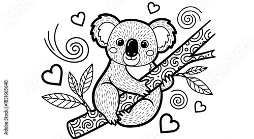 Cute cartoon koala sitting on a decorative branch surrounded by hearts and swirls