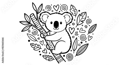 Cute koala bear climbing a tree surrounded by whimsical leaves and hearts in a playful design