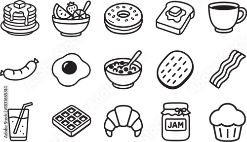 A delightful ensemble of meticulously rendered breakfast illustrations, inviting you to savour a diverse array of culinary delights, artfully designed with simple elegance.