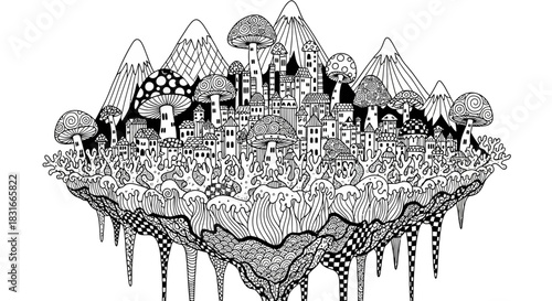 Surreal floating cityscape with whimsical houses, towering mushrooms, and majestic mountains