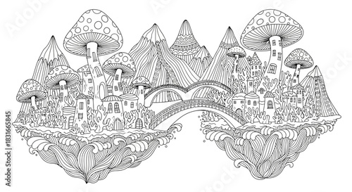 Enchanted floating village with mushroom structures and mountains in a whimsical landscape