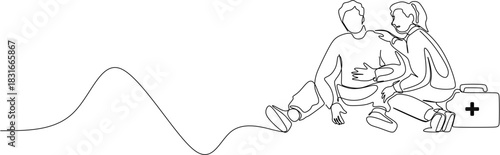Continuous Line Drawing of Woman Giving First Aid to Unwell Man