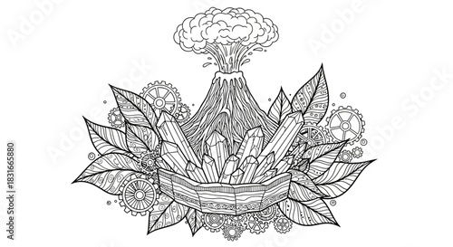 Intricate illustration of a volcano erupting with crystals and gears surrounded by leaves