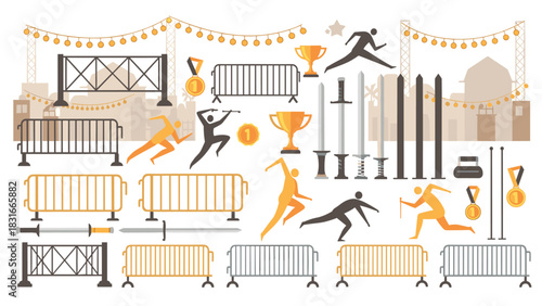 Urban sports competition icons and fencing equipment design for event posters and decorations