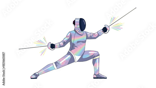 Vibrant fencing athlete in action with colorful lights