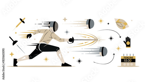 Dynamic fencing illustration for sports poster design featuring swords epee action and movement