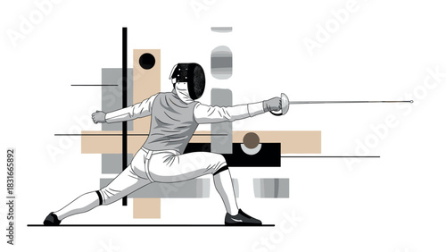 Dynamic fencing lunge against geometric abstract background for sports design
