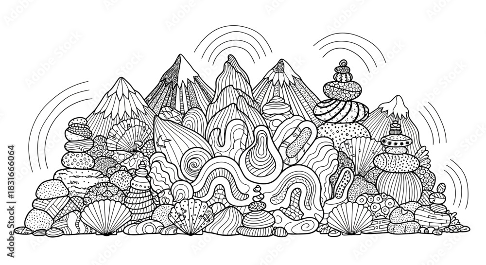 Naklejka premium Intricate black-and-white illustration of mountains, rocks, and seashells in a serene landscape