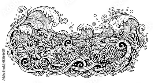 Intricate black and white illustration of ocean waves and marine life with swirling patterns