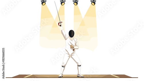 Dynamic fencing duel scene with spotlights and victory pose for sports event promotion