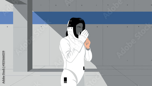 Fencing sport athlete in protective gear standing in modern indoor arena