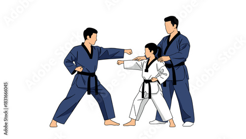 Martial arts training with instructor teaching young student in karate uniform for educational purpose