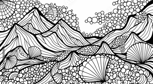 Intricate black and white line drawing of mountains and seashells in a whimsical landscape