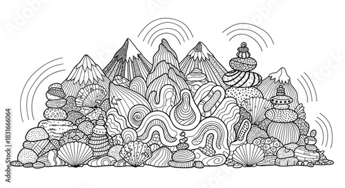 Intricate black-and-white illustration of mountains, rocks, and seashells in a serene landscape