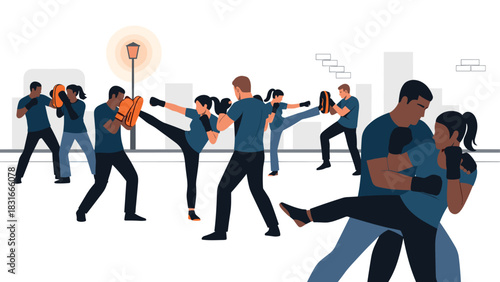 Group martial arts class in action for fitness and training illustration