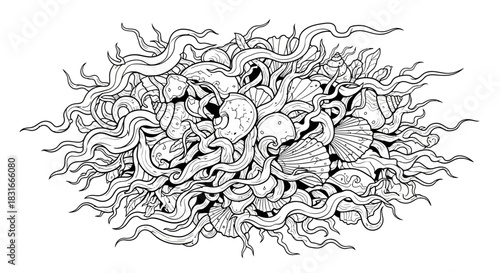 Intricate black and white illustration of intertwined sea creatures and shells in a chaotic design