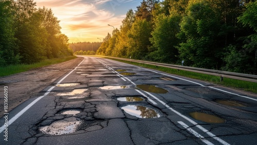 Pothole- Ridden Asphalt Road at Sunset with Trees potholes