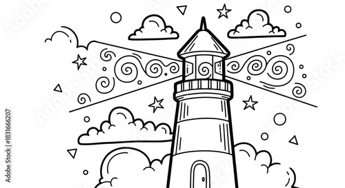 A detailed illustration of a lighthouse surrounded by swirling clouds and stars