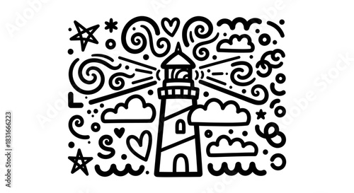 Hand-drawn lighthouse surrounded by whimsical clouds, stars, and waves in a playful design