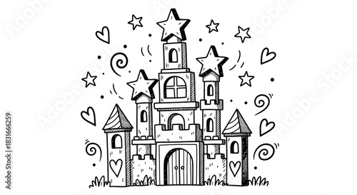 A whimsical sketch of a fairytale castle adorned with stars and hearts, surrounded by swirls