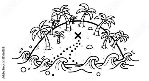 A whimsical illustration of a treasure island with palm trees and waves, ideal for adventure themes
